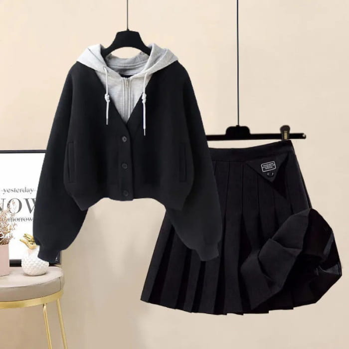 Colorblock Pocket Hoodie Pleated Skirt Set - Black Hoodie