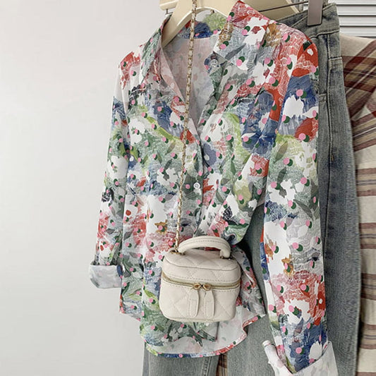 Colorful Floral Print Long Sleeve Shirt - Multicolor / M