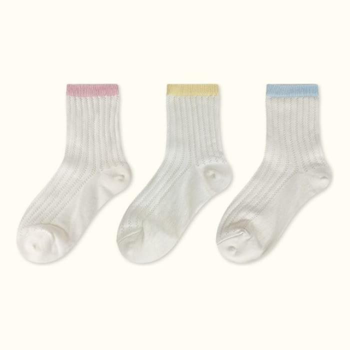 Contrast Trim Pointelle Knit Socks / Set - Type 01 - of 3