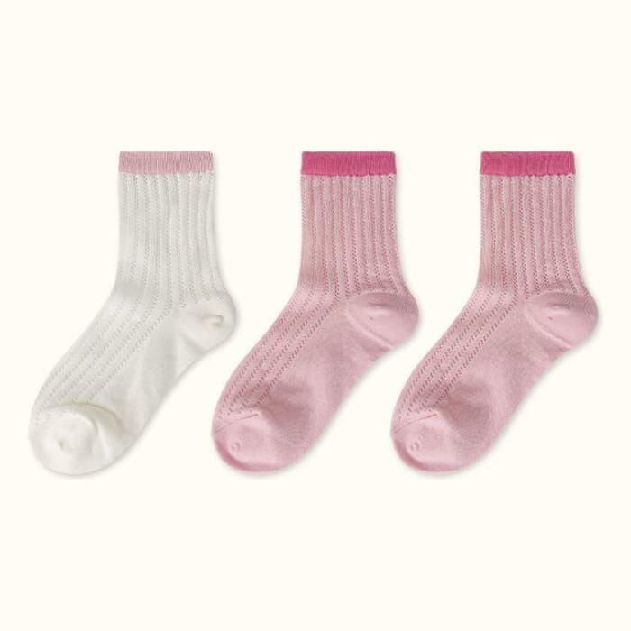 Contrast Trim Pointelle Knit Socks / Set - Type 04 - of 3