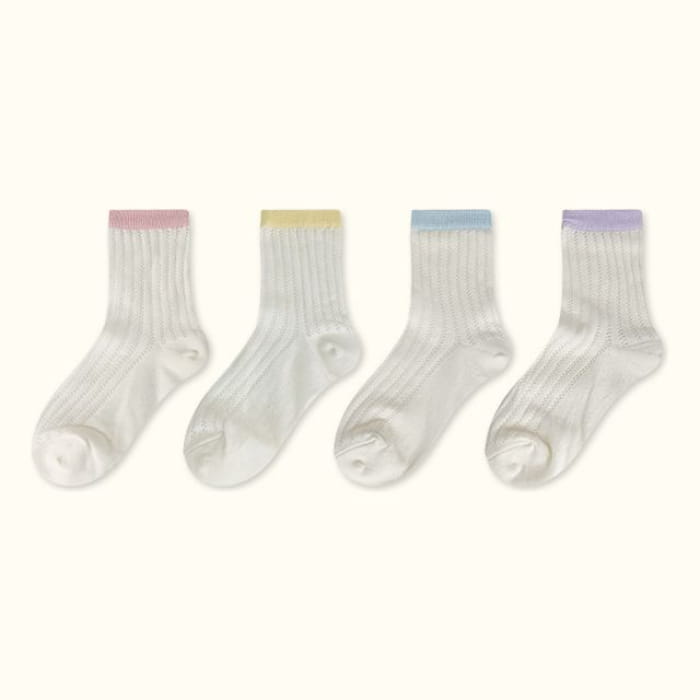 Contrast Trim Pointelle Knit Socks / Set - Type 07 - of 4