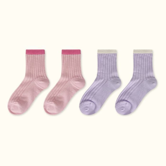 Contrast Trim Pointelle Knit Socks / Set - Type 10 - of 4