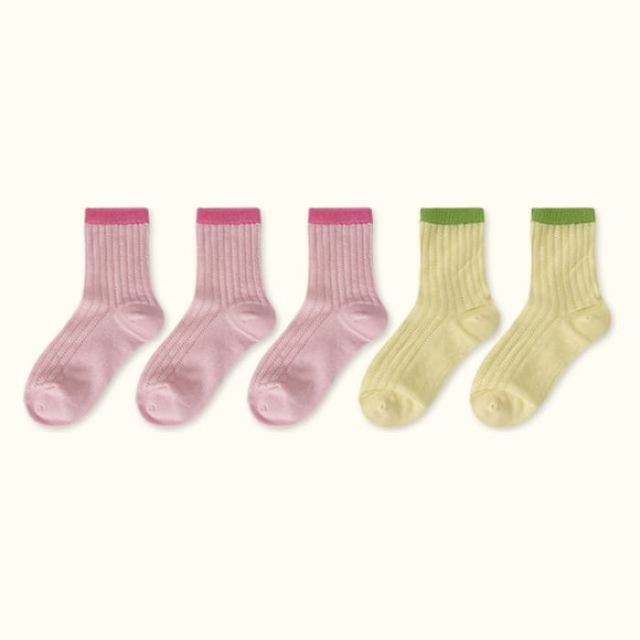 Contrast Trim Pointelle Knit Socks / Set - Type 15 - of 5