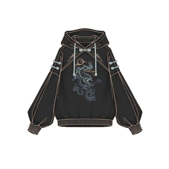 Couple Deer Embroidery Loose Hoodie Dress - Black B / S