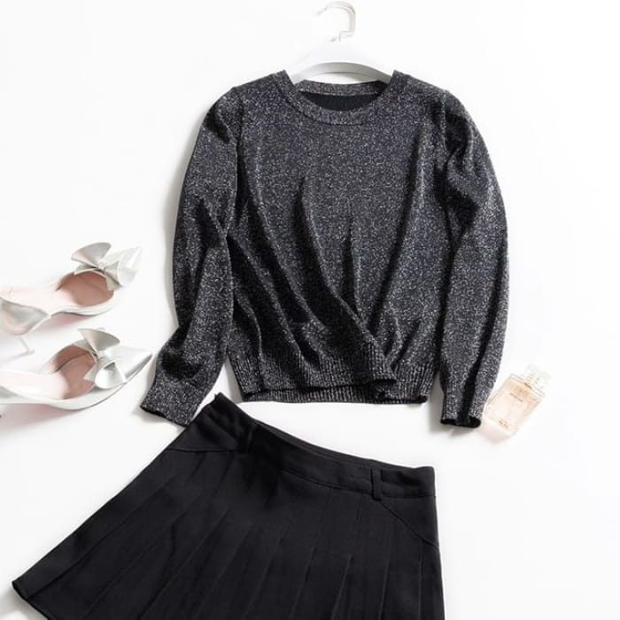 Crew Neck Glitter Sweater / High Waist Plain Mini - Black