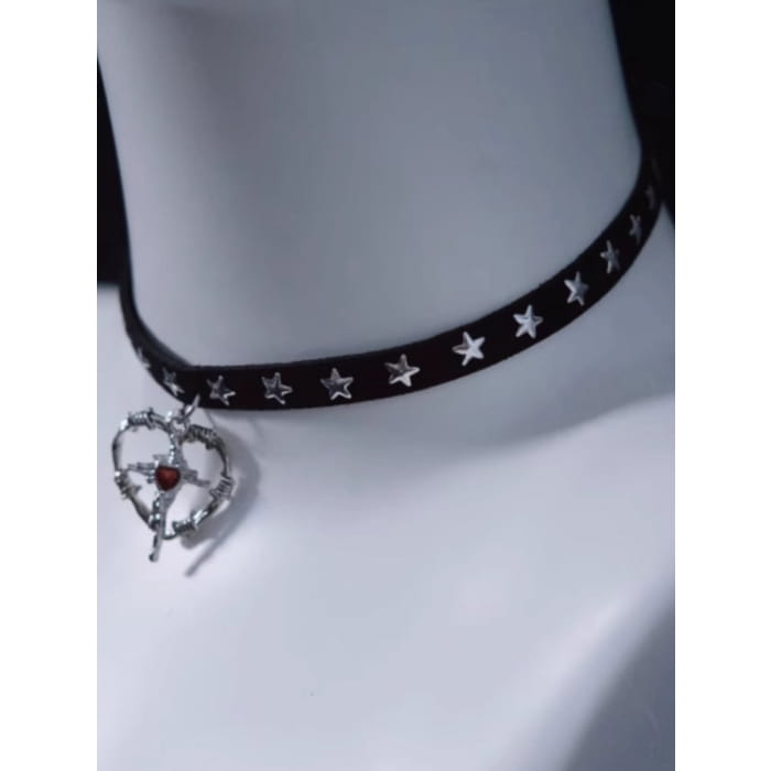 Cross Heart Pendant Black Stars Choker - Free Size