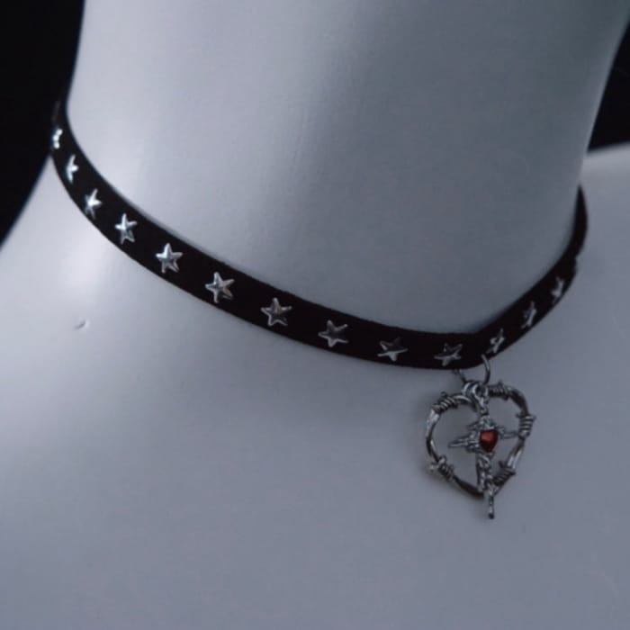 Cross Heart Pendant Black Stars Choker - Free Size