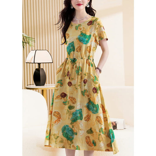 Cute Yellow Print Tie Waist Maxi Dresses Short Sleeve