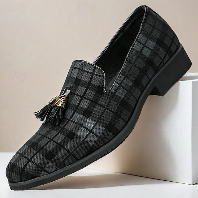 Decoration with Tassel Men's – Plaid Loafers Elegant