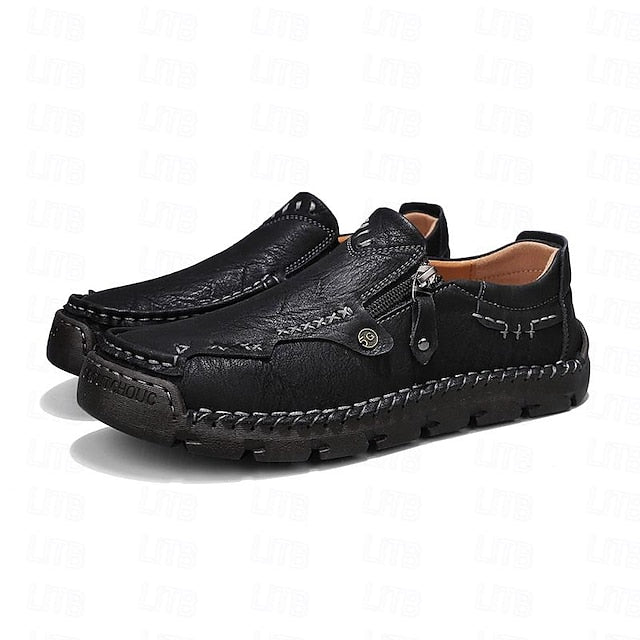 with Leather Brown Men's Side Faux Slip-On Zipper Loafers