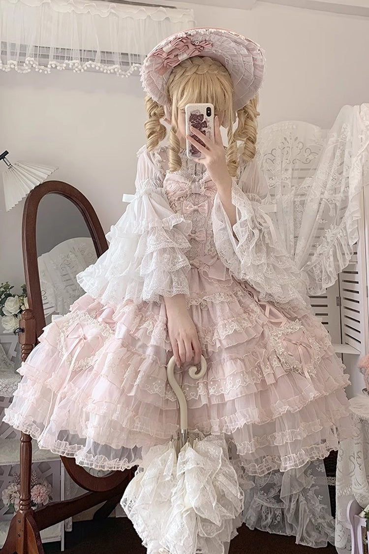 Pink Multi-Layered Ruffled Hanayome Embroidered Bow Lace Sweet JSK - Sweetheart Diary