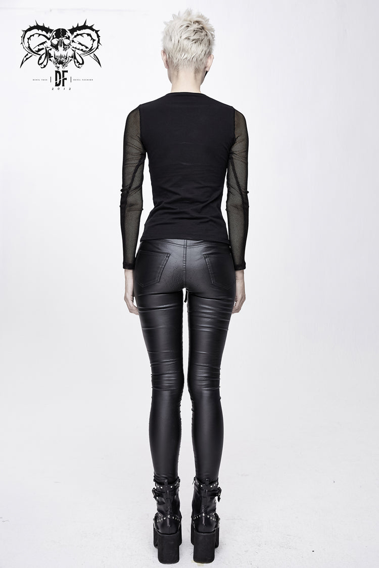 Punk T-Shirt with Pentagram Lace-Up Mesh Chest Perspective