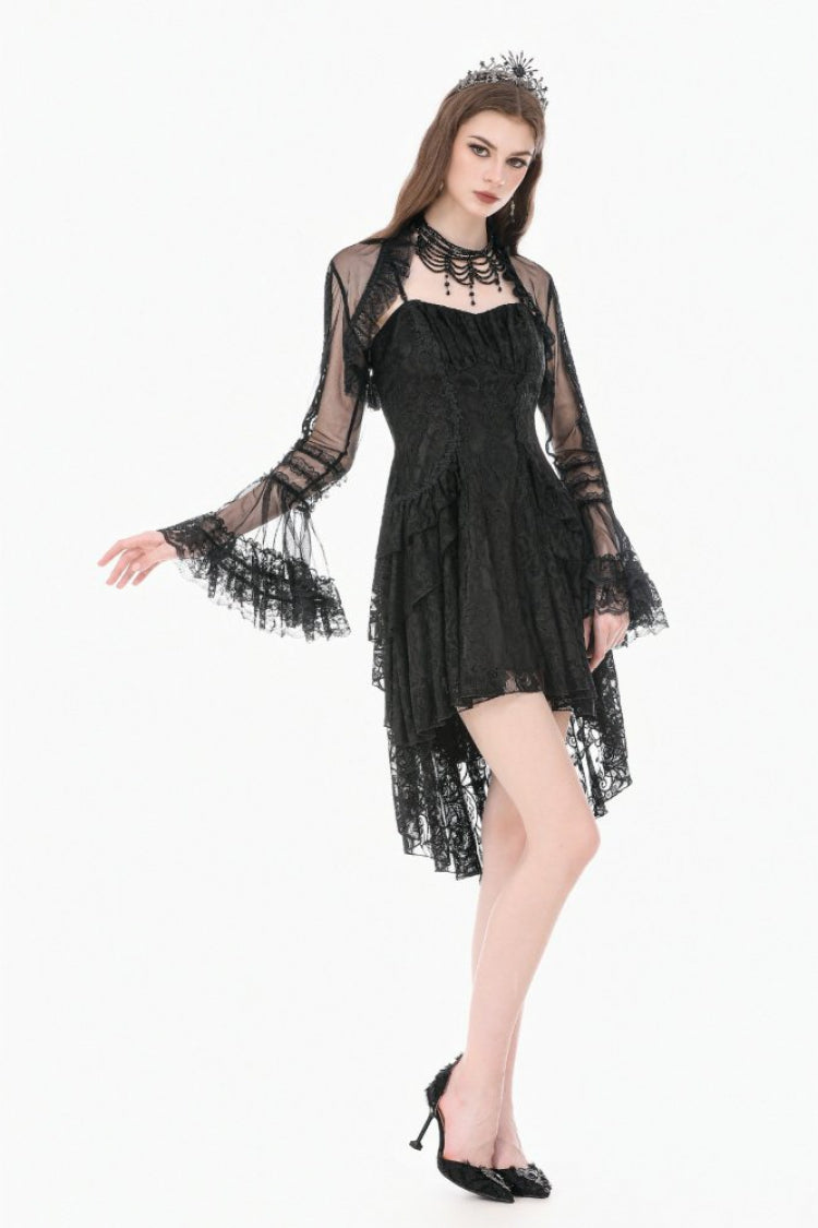 Gothic Sheer Mesh Black Lace High-Collar Flared Long-Sleeve Dramatic Cape