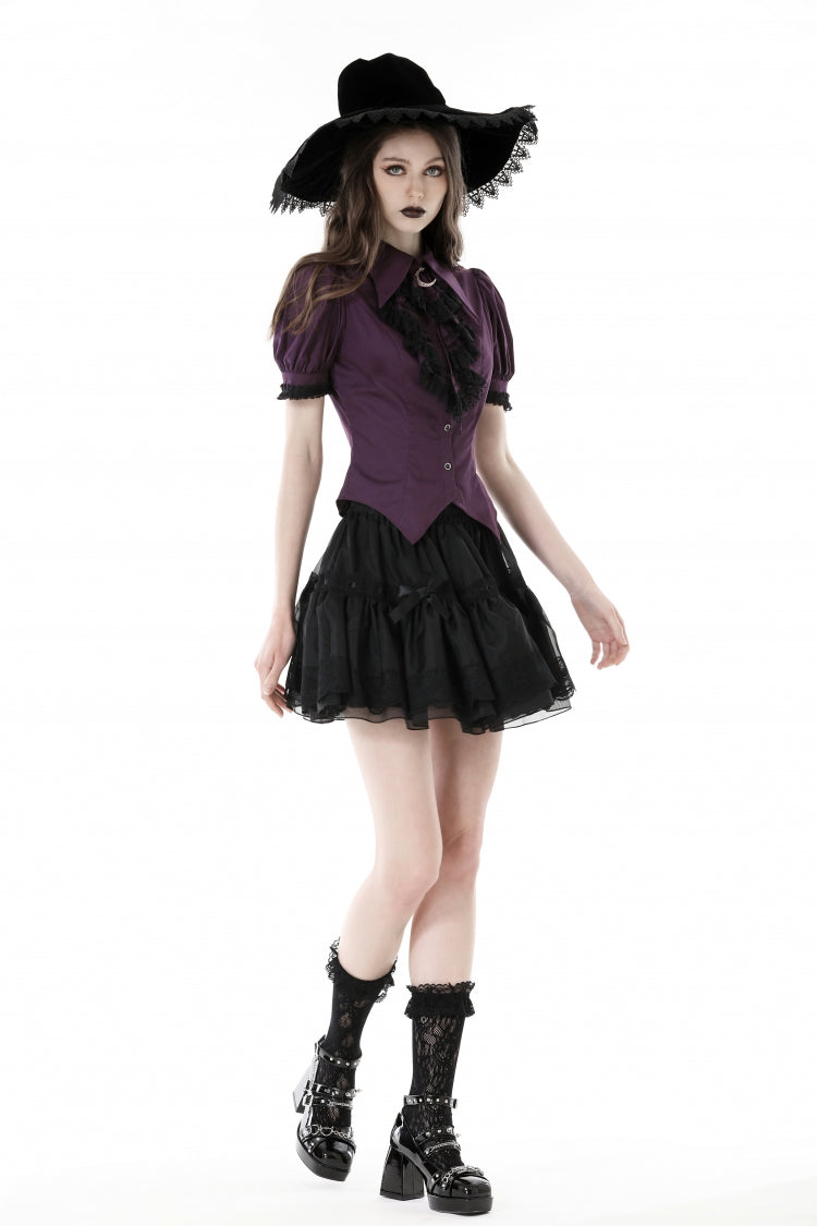 Periwinkle Moon Frill-Collar Puff-Sleeve Gothic Top