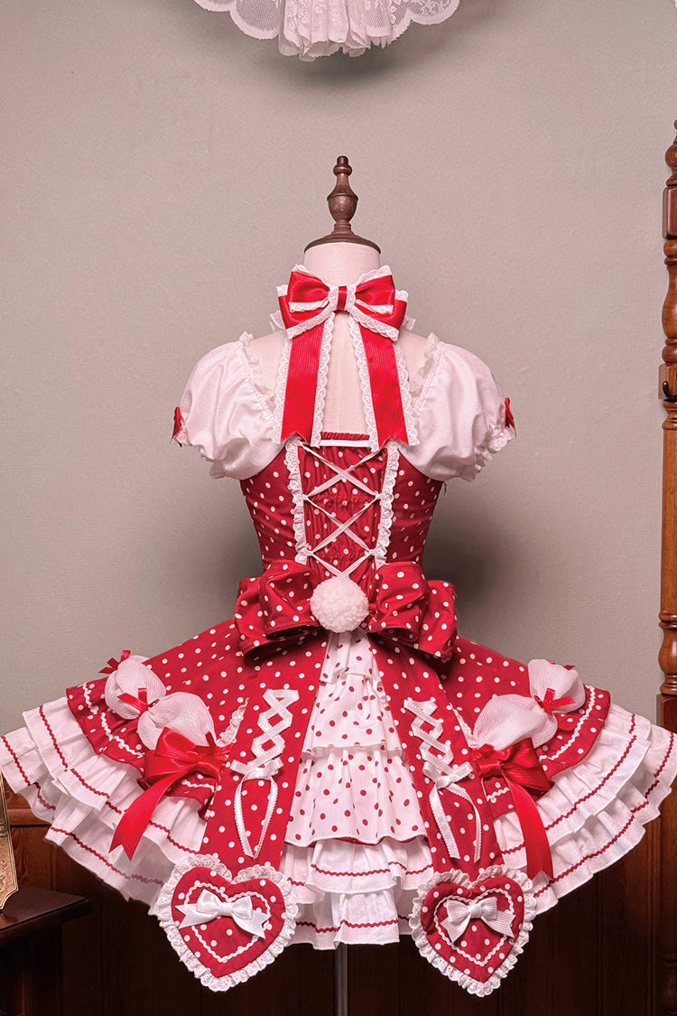 Wine Red Halterneck Short Sleeve Triple-Layered Polka Dot Bow Lace-Up Sweet Dress
