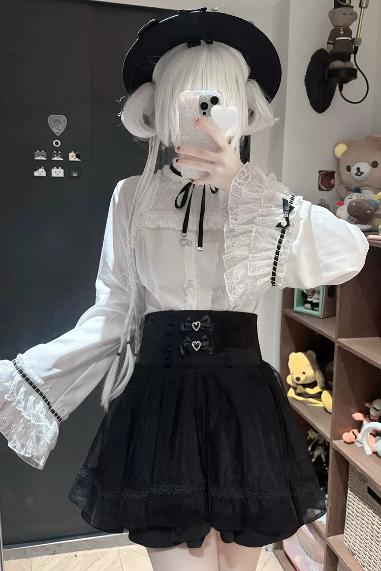 Moonlit Butterfly Lapel Collar Trumpet Sleeve Ruffled Lace Japanese Skirt Set