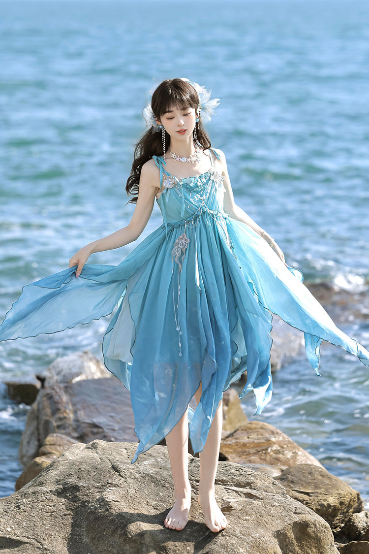 Gradient Print Irregular Hooded Sweet Lolita Jumper Dress Cloak Set - Blue