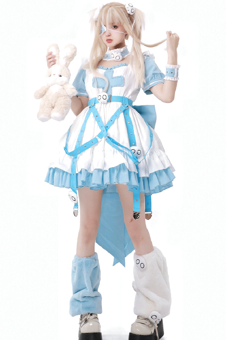 White/Blue Treatment Room Short Sleeve Ruffle Embroidered Jirai Kei Dress Set