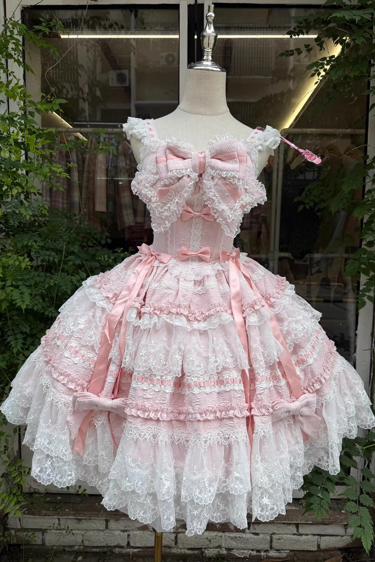 Pink Sleeveless Ruffled Bow Lace Sweet Lolita JSK - Reinas