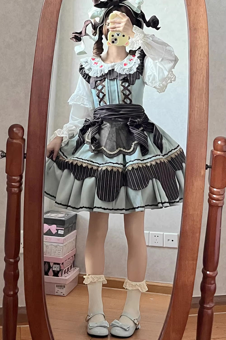 Irregular Sweet Dress with Double-Layered Print and Bow Lace-Up - Strawberry and Mint Chocolate