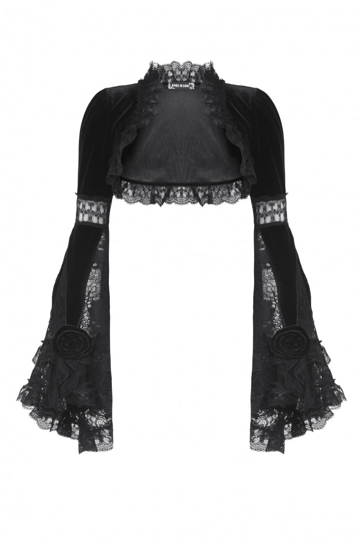 Jet-Black Gothic Cape with Flared Sleeves and Ruffled Lace Trim