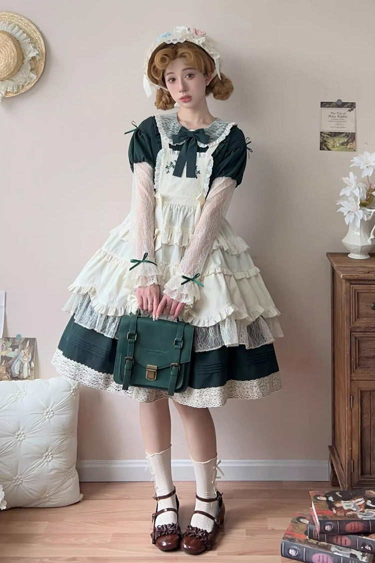 Lapel Collar Long Sleeve Embroidery Bow Lace Sweet Lolita Dress - Green