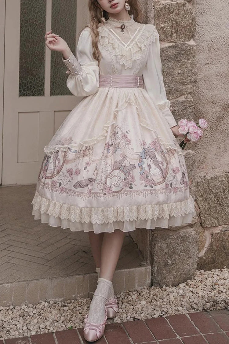 Apricot Rose Prologue Print Long Sleeve Ruffle Sweet Elegant Lolita Dress