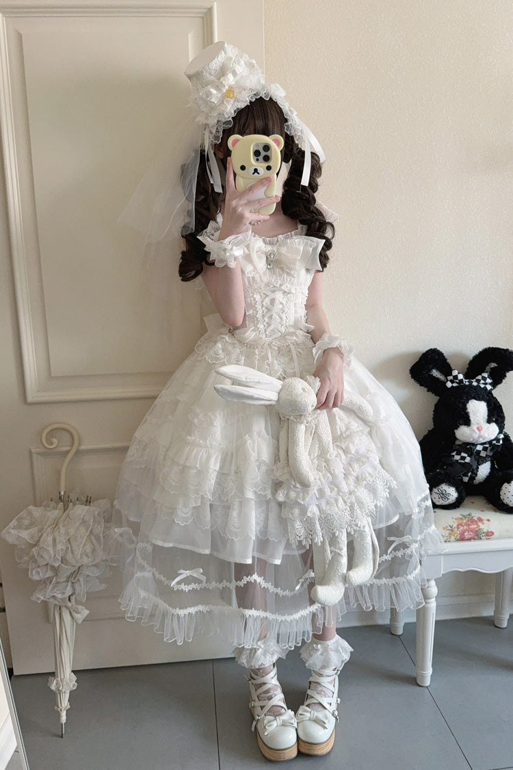 Ivory Sleeveless Multi Ruffle Bridal Bow Lace-Up JSK