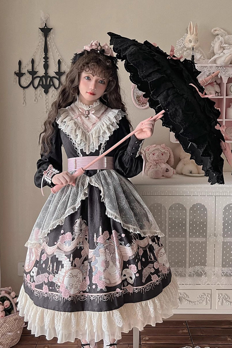 Dark Rose Prologue Print Long-Sleeve Ruffle Sweet Elegant Lolita Dress