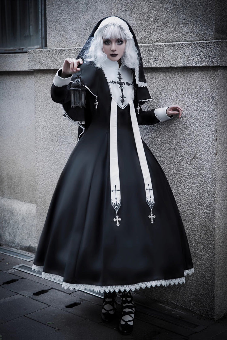 Black Stitching Lace Long Sleeve Gothic Elegant Lolita Dress - Nun