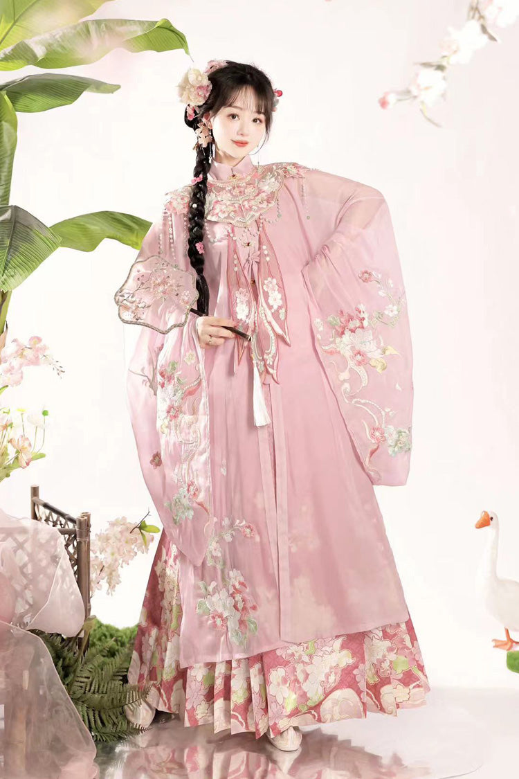 Rose Mandarin Collar Long Sleeve Ming-Style Embroidered Cloud Shoulder Sweet Hanfu Horse-Face Ensemble