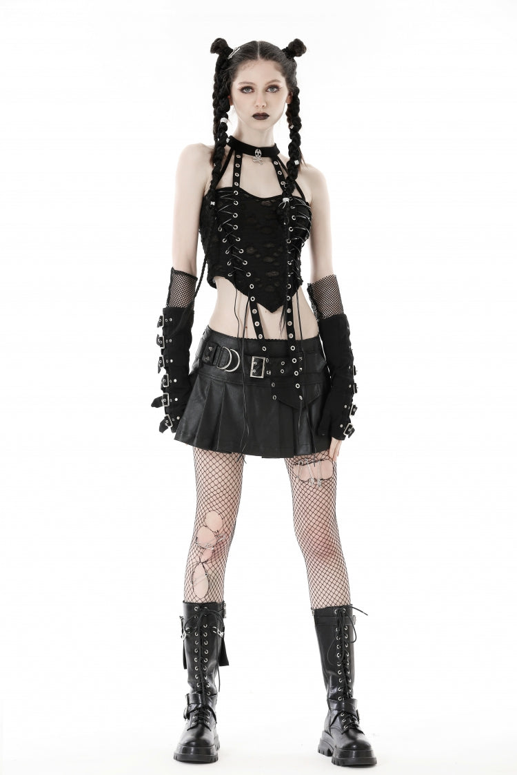 Gritty Black Eyelet Lace-Up Ripped Halter Punk Tank Top