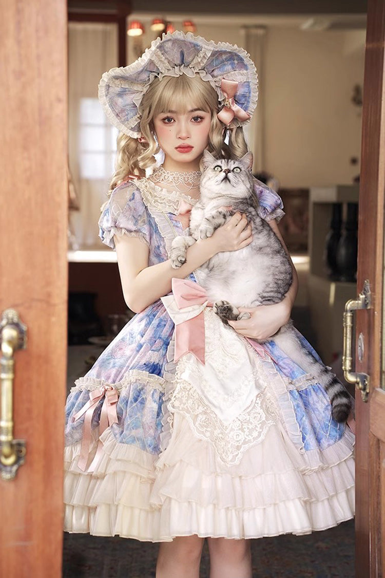 Angel Heart Sky Oil Painting Printed Bow Cardigan Sweet Lolita Dress - Multi-Color