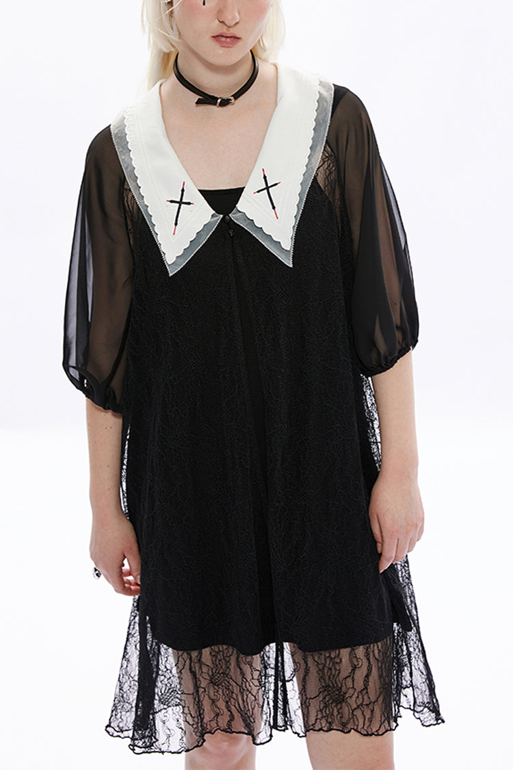 Jet-Black Loose Gothic Dress with Cross Embroidery and Puffed Sleeves
