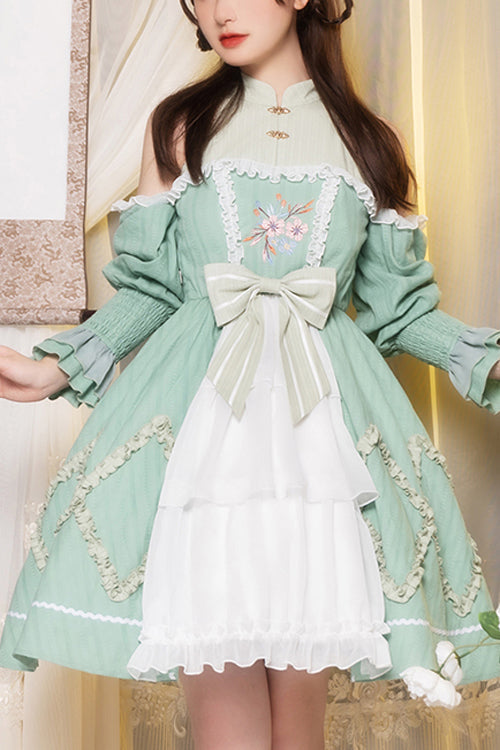 Emerald Off-Shoulder Hand-Embroidered Sweet Lolita Dress with Long Sleeves
