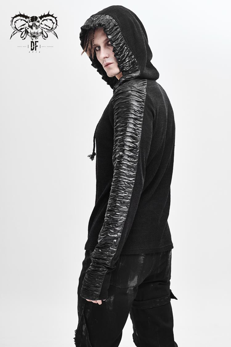 Men's Punk T-Shirt with Striped Wool Hood Lace-Up Crimped Fabric