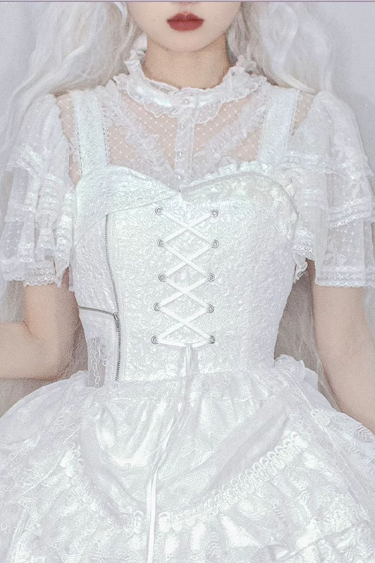 Hollow Lace Sweet Blouse with Removable Pads & Short Sleeves