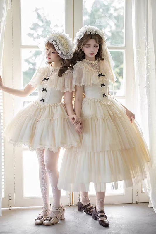 Elegant Sweet Lolita Dress with Edwardian Collar and Ruffled Bow - Ivory