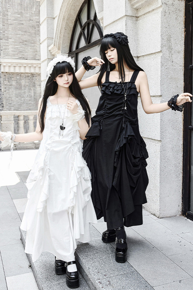 Ivory Gothic Strap Dress with Sleeveless Ruffles - Dream