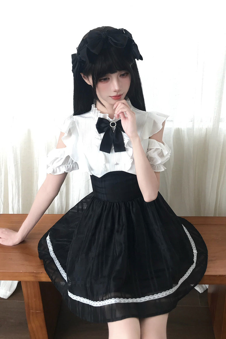 Moonlit Poem Stand Collar Off Shoulder Short Sleeves High Waisted Ruffled Bow Lace Sweet Princess Lolita Dress - Black/White