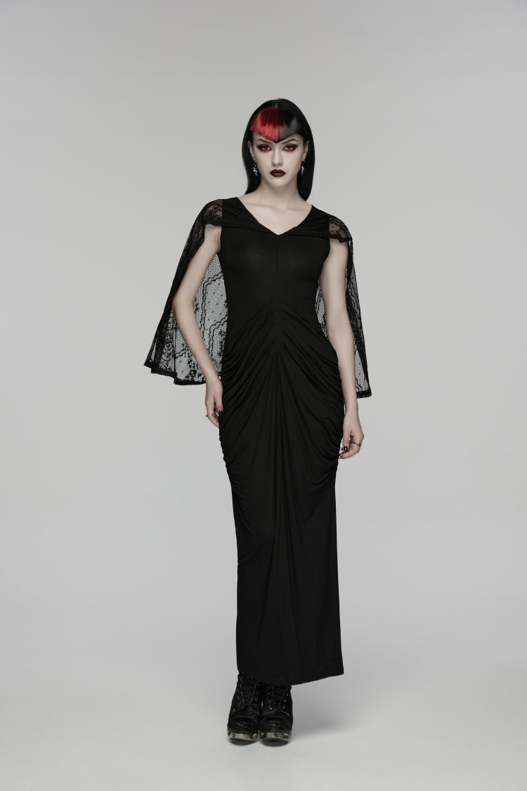 V Collar Short Puff Sleeves Cut-Out Lace Pleated Gothic Wedding Dress