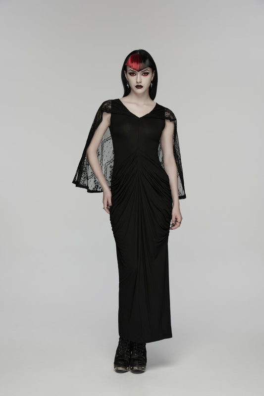 V Collar Short Puff Sleeves Cut-Out Lace Pleated Gothic Wedding Dress