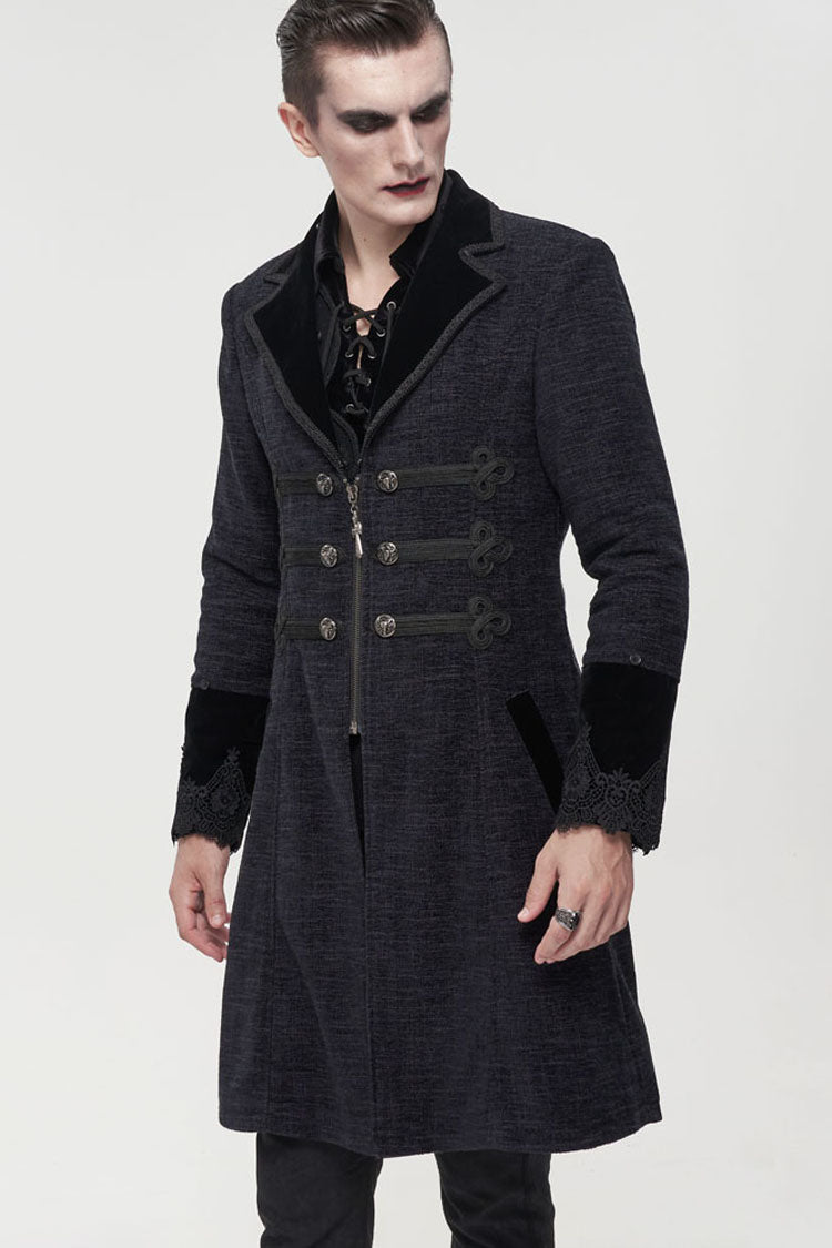 Gothic Men's Coat with Removable Fur Collar, Button Accents