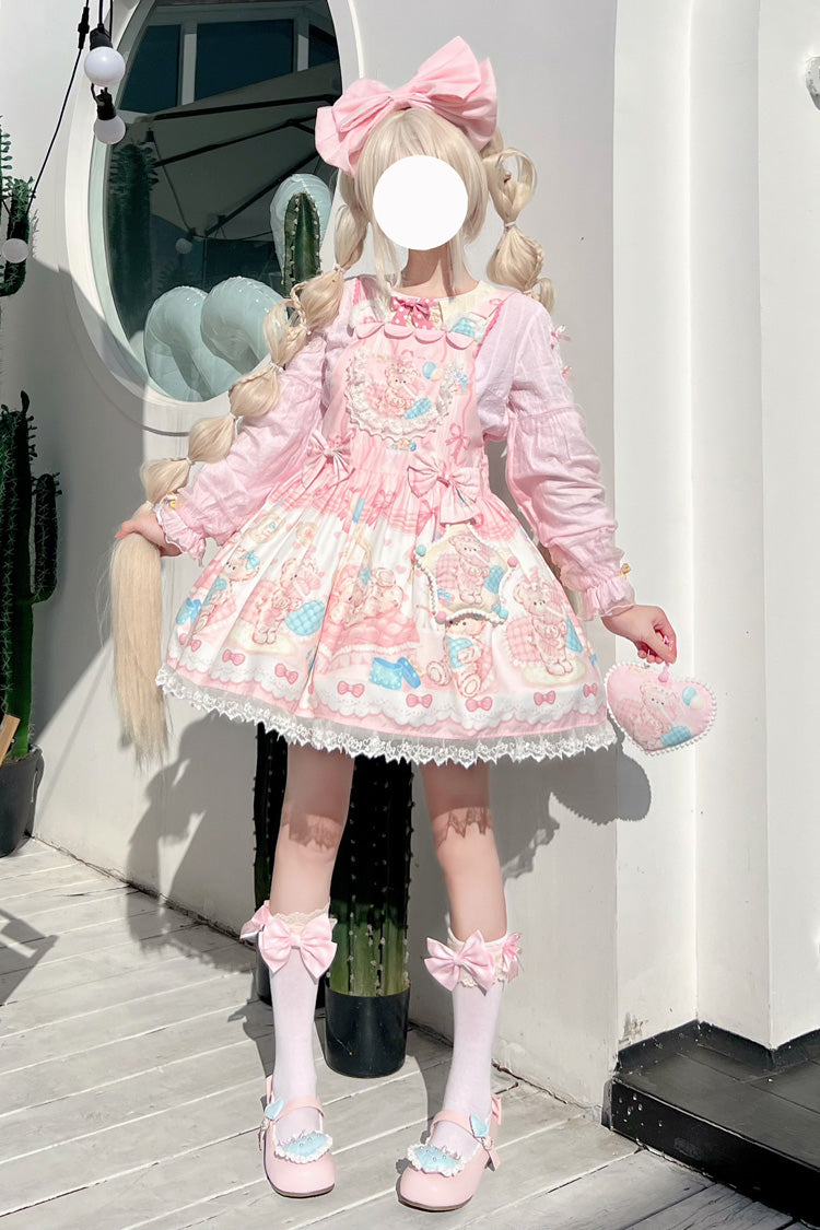 Kawaii Bears Printed Pink Bow Stitching Lace Sweet Lolita Strap Dress - Miss Brown