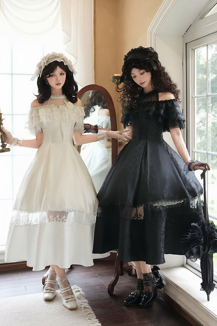 Ivory Off Shoulder Halter Print Ruffle Gothic Elegant Dress