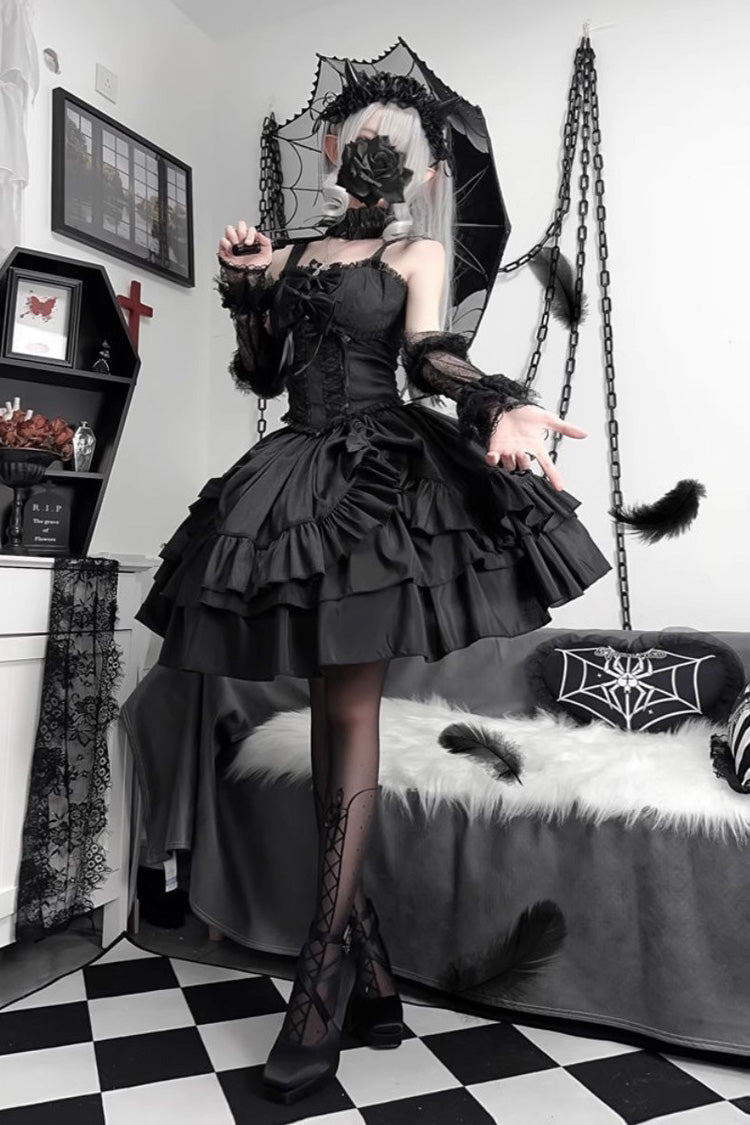Triple-Layered Lace-Up Gothic Skirt Set in Black