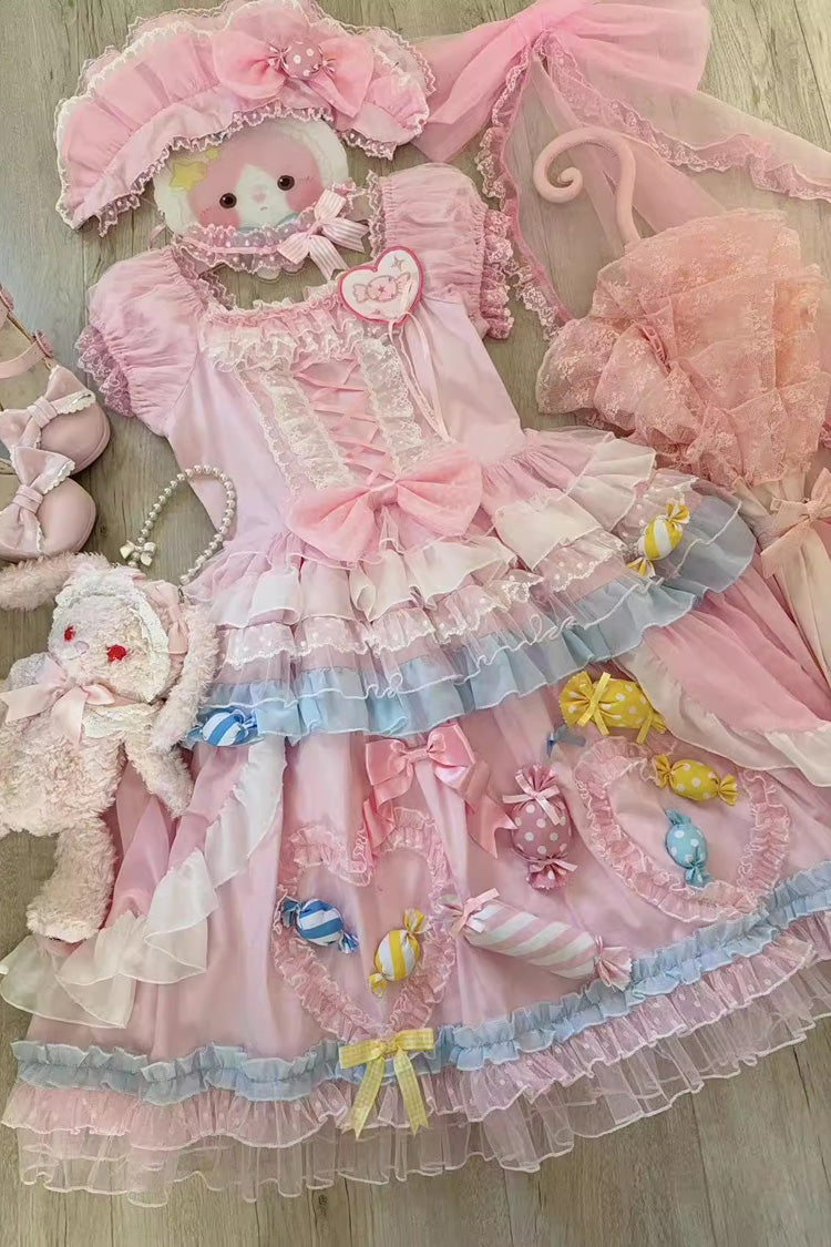 Pink Candy Party Short Sleeves Multi-Tiered Ruffled Bow Lace Lace-Up Sweet Lolita Dress