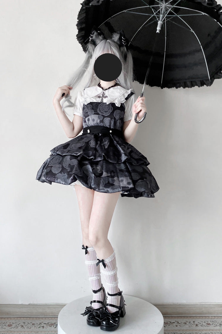 Midnight Rose Print Two-Layer Bowknot Gothic Lolita JSK Dress