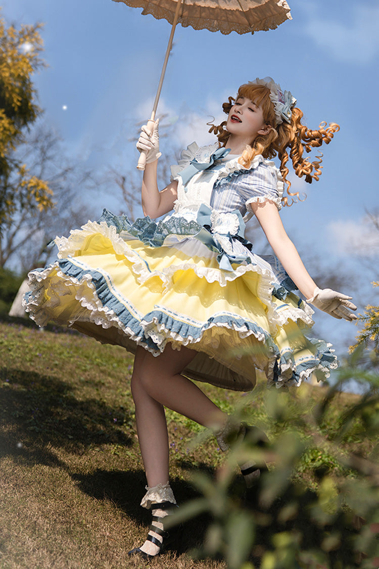 Blue/Yellow Short Sleeves Triple-Layer Ruffle Ribbon Lace Girly Japanese Lolita Dress