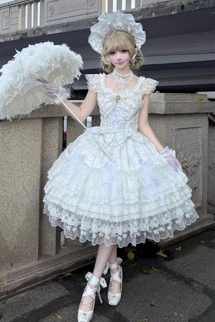 Ivory Moonlit Sakura Ode Sleeveless Tiered Ruffle Bow Lace Lolita Dress